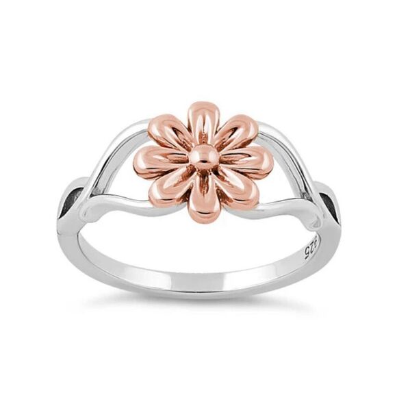 Sterling Silver Rose Gold Two Tone Daisy Flower Ring New - Picture 2 of 4